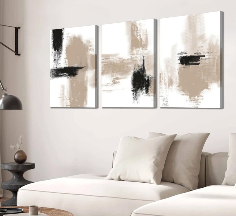 3Pcs Neutral Abstract Canvas Wall Art Black Beige Picture Wall Decor Modern M... gallery