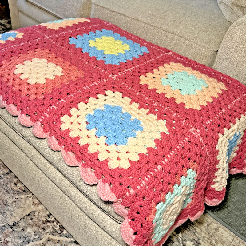 Granny Square Afghan Blanket Pink, Yellow, Green Blue Spring colors 44" x 46" gallery