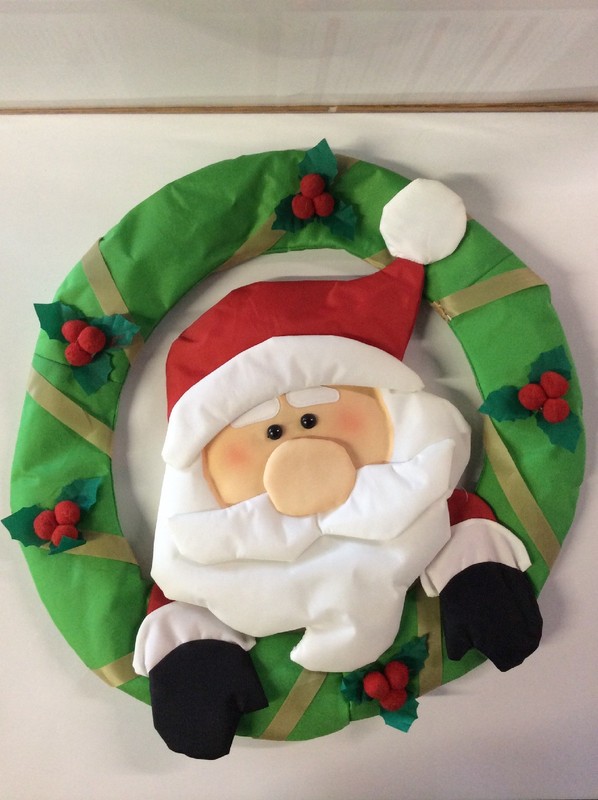 Nylon Santa In Wreath Decoration With Hanger Or Hook & Loop Attachment On Back