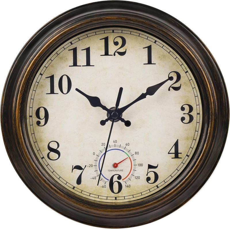 Outdoor Wall Clock 8″ Bronze Waterproof Thermometer Patio Bathroom Kitchen