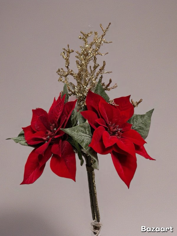 Poinsettia Bouquet Velvety Red Flowers w Clear & Gold Rhinestones New 21”X13”