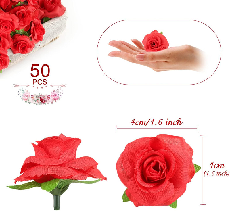 50Pcs Red Roses Buds Artificial Flowers Bulk, 1.6" Small Silk Fake Roses Flower gallery