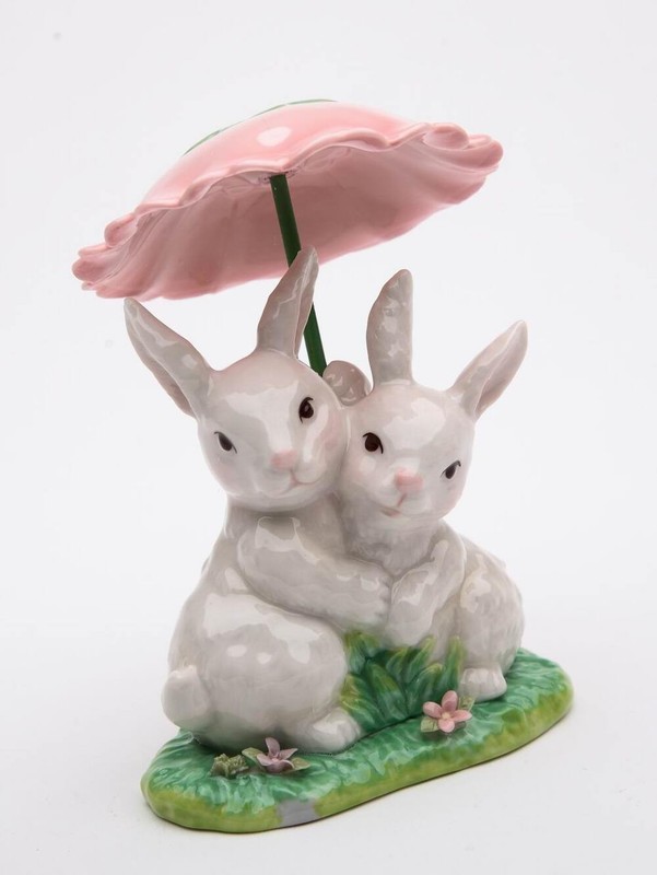 Ceramic Bunny Rabbits Sharing a Flower Umbrella, Home Décor, Gift for Her, Gift gallery