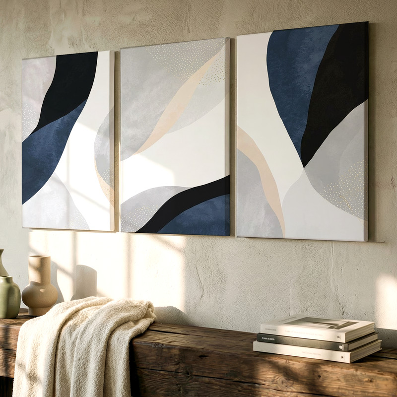 3 Pieces Abstract Geometric Neutral Blue Tones Large Wall Art Canvas Set Of 3 gallery