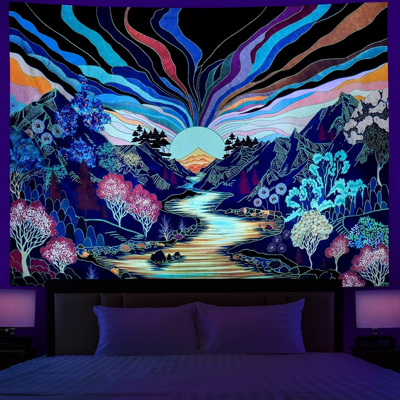 UV Reactive Blacklight Tapestry Forest Mountain Green Sun Poster Art 79″x59″