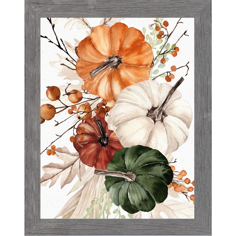 Pumpkin Bouquet Fall Framed Wall Art Watercolor Orange White Green Farmhouse Tha