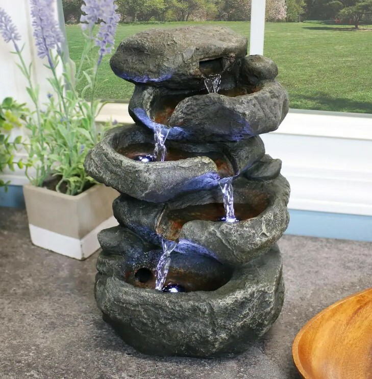 Sunnydaze Decor® Stacked Rocks Tabletop Fount Light Grey w/LED Light gallery