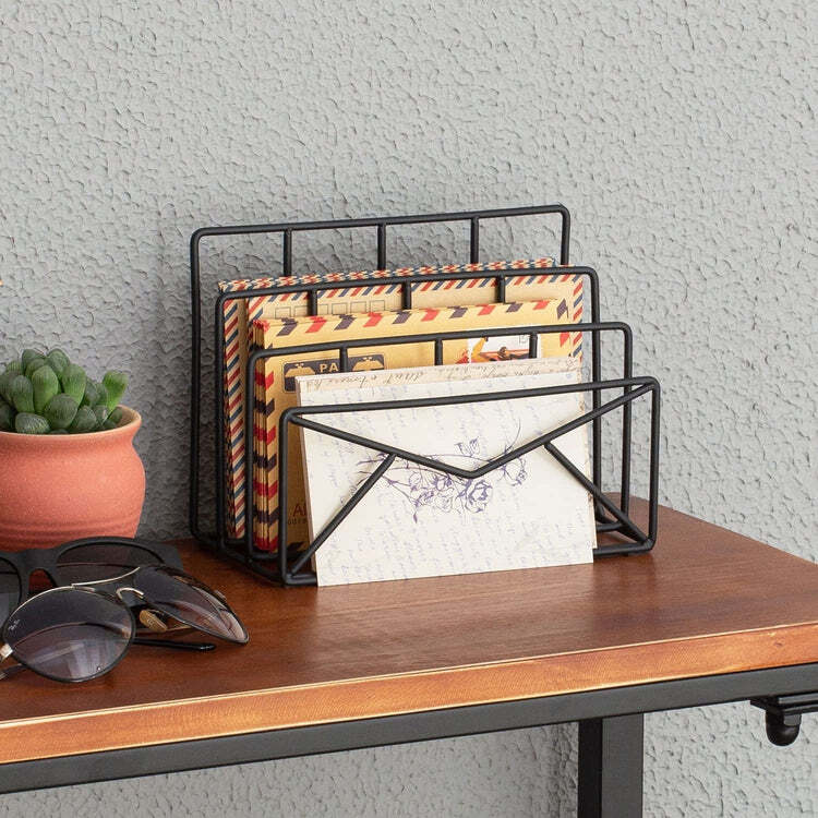 3 Slot Modern Black Metal Desktop Mail Sorter, Letter Holder Desk Organizer