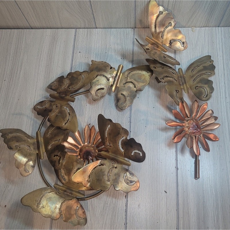 Vtg Brass Copper Butterfly & Daisy 2 Piece Gallery Wall Art Decor MCM Farmhouse gallery