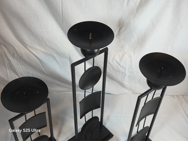 Set of 3 Modern Black Metal Candle Holders – Geometric Design – 20", 17.5", 15" gallery
