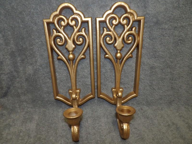 Vintage Homco Pair Of 2 Gold Painted Wall Hanging Sconces Candle Holders