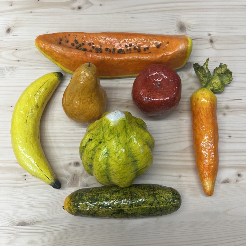 Vtg Paper Mache Fruit Vegetables Lot of 7 Carrot Papaya Pear Banana Squash