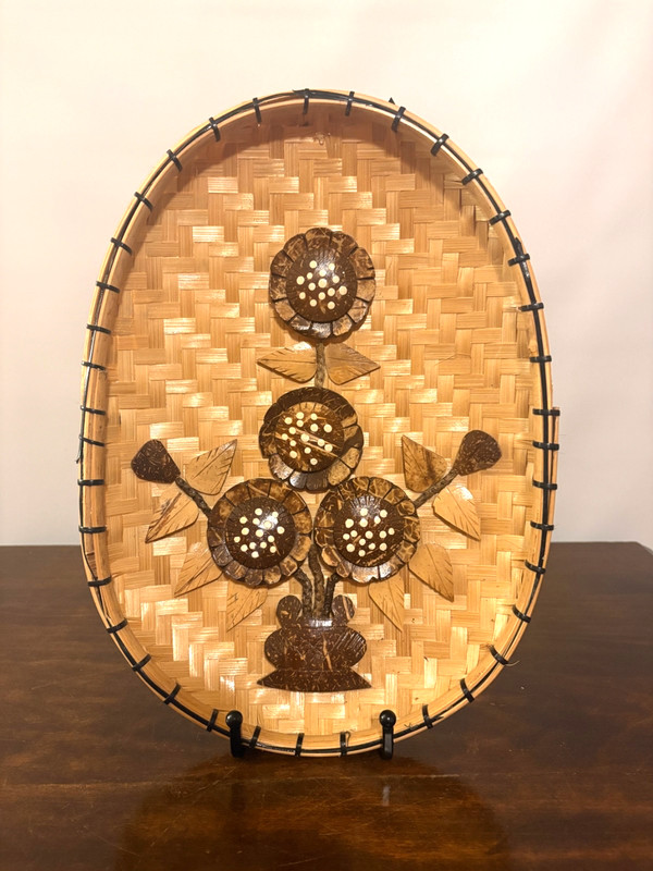 Vintage 1970’s Boho Wall Art Hand Wood Carved Woven Wicker Flower 12″