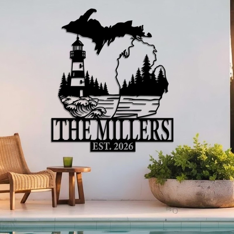 Personalized Michigan Metal Sign Custom Family Name State Wall Decor Cabin