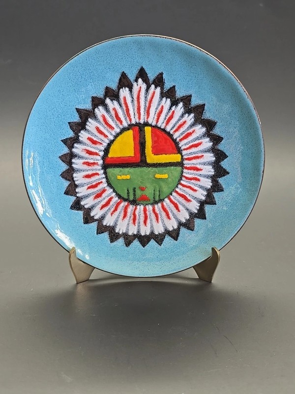Vintage Annemarie Davidson Enamel Copper Kachina Mask MCM Decorative Plate 6″