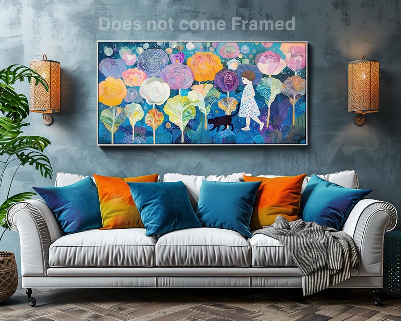 Enchanted Garden, Girl and a Cat Wall Art Canvas Print, Home & Office Décor gallery