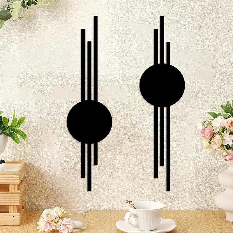 2Pcs Abstract Metal Wall Decor, Black Modern Geometric Hanging Paintings