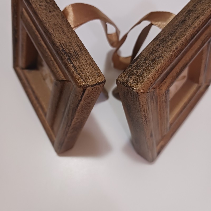 Set of 2 Distressed Gold/Brown Wood Square Photo Frames 1.5x1.5 Easel Ribbon gallery