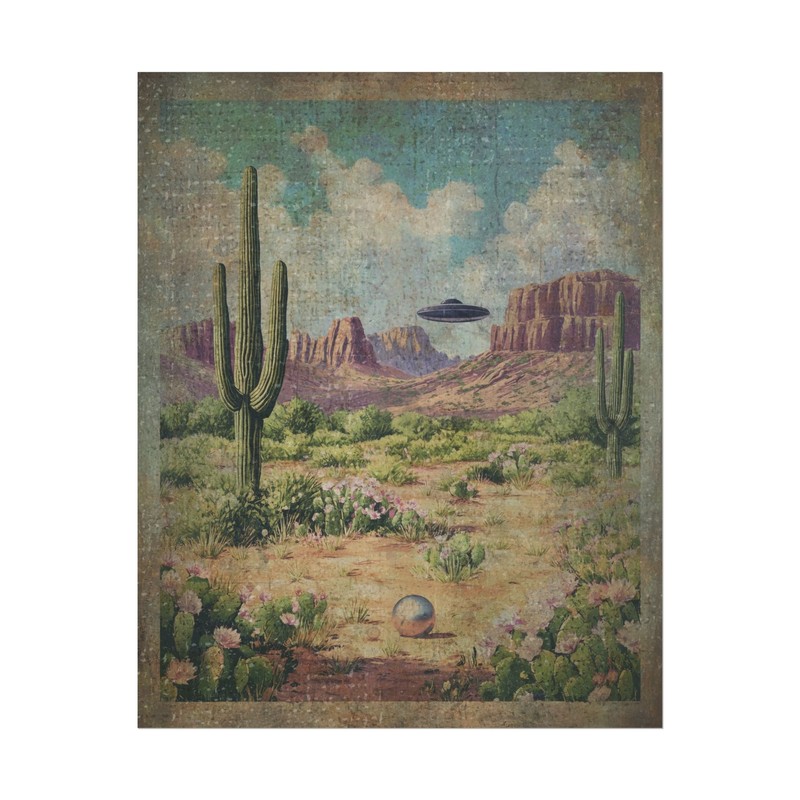Vintage UFO ORB Wall Art, Sci-fi Desert Cactus Flower Decor, Alien UAP Poster