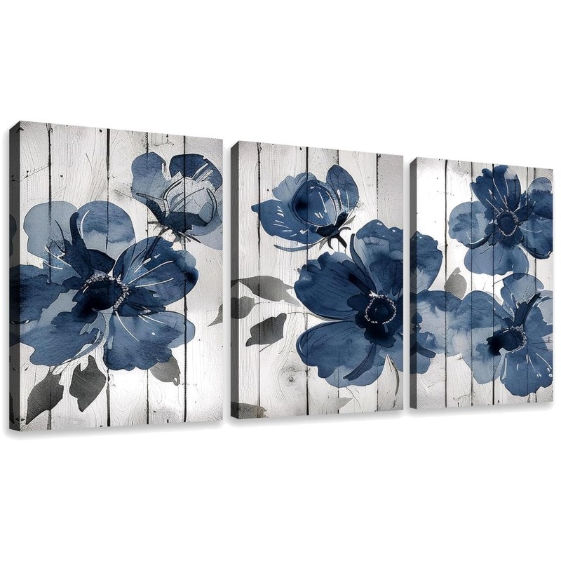 Navy Blue Wildflower Watercolor Wall Art 3Pcs Set