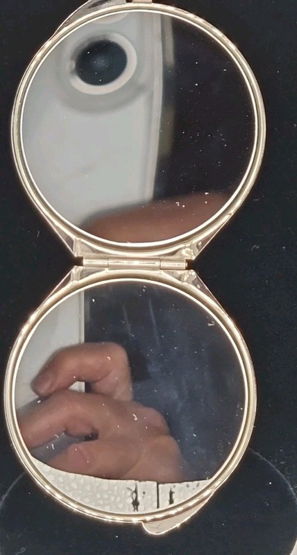 Brighton Compact Mirror, 2 1/2", Silvertone Round Case W/ Brown & Black Logo gallery