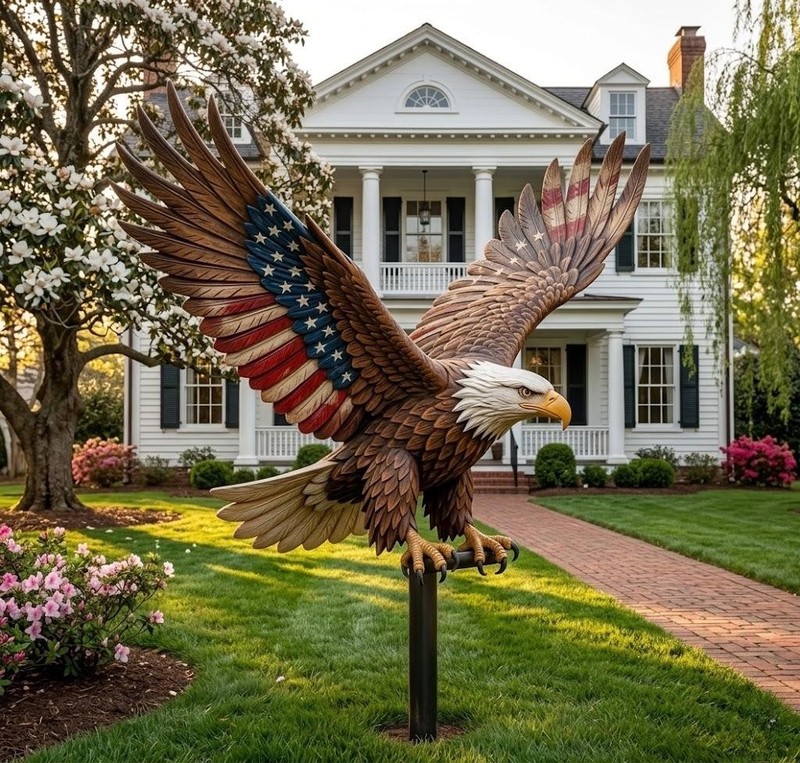 Patriotic Eagle Metal Yard Art- American Flag Wings Decor-USA Pride Lawn Ornamen