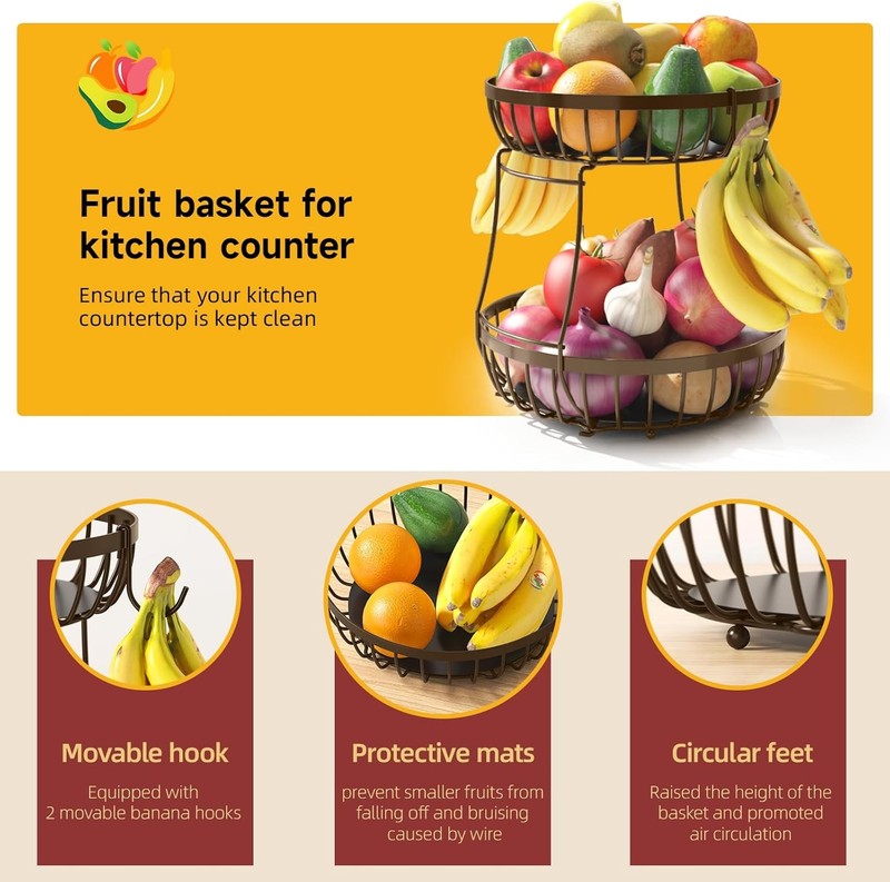 2 Tier Fruit Basket for Kitchen Counter with 2 Banana Hanrs, gallery