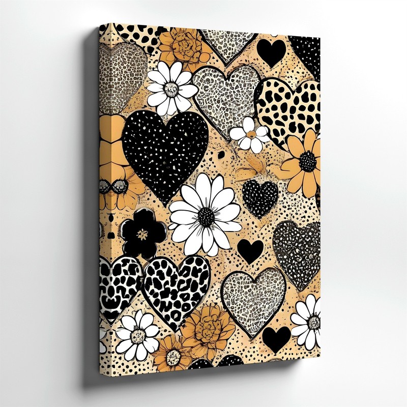 Wall Art Floral Heart Pattern Print Neutral Black White Beige Modern Home Decor