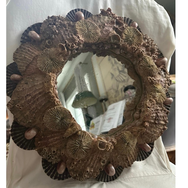 Seashell Mirror Wall Decor 15" Signed '02 Heavy round Hayes Parker Tan Beige gallery