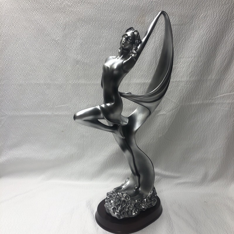 Resin Female Ballerina Dancer Figure/Statuette Silver Toned Mahogany Toned Stand