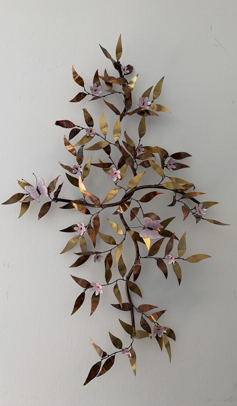 Vintage 70’s Metal Leaves Art Wall Sculpture Enamel Butterflies Flowers 34×22”