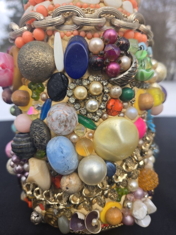 Vintage 82 Funky Fun Memory Vase Beads Jewls Buttons Folk Art Collage Colorful gallery