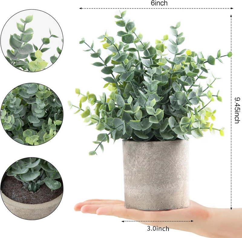 2 Pack Small Fake Plants Eucalyptus Potted Artificial Plants for Shelf Desk Home gallery