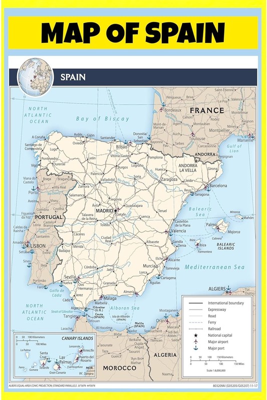 Map of Spain Style B 18″x24″ Laminated Wall Map Poster Easy Read