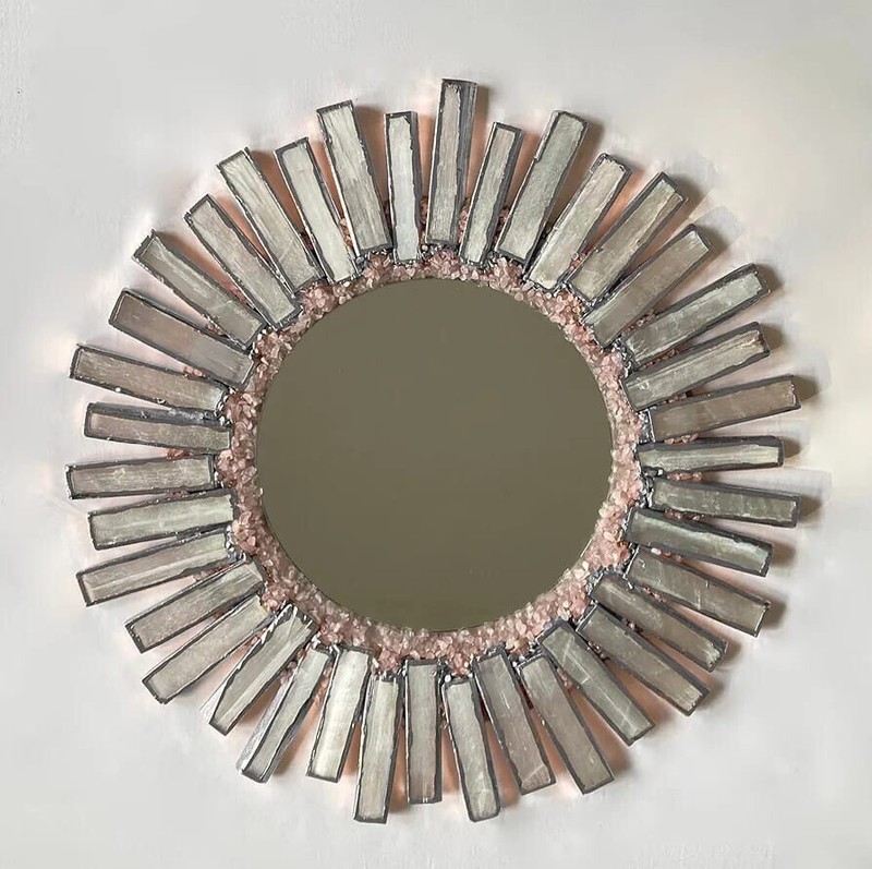 20″ Round Selenite Mirror w/ Rose Quartz Agate | Handmade Wall Decor | Silver