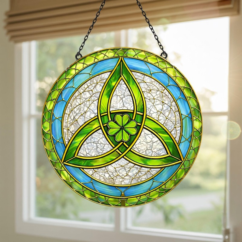 Celtic Trinity Knot Suncatcher, Shamrock Stained Glass, Four Leaf Clover Window