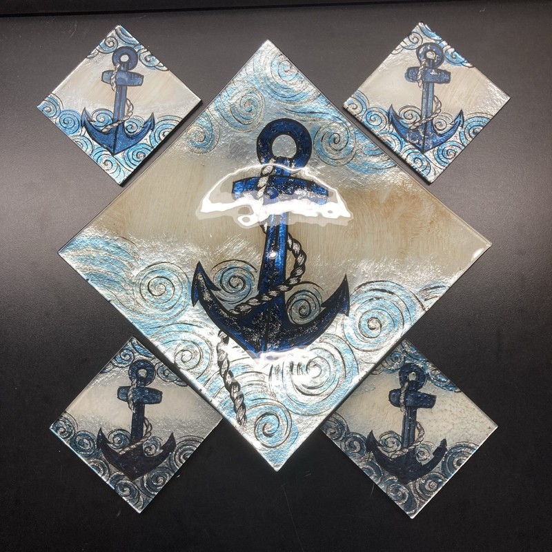 5 Piece Cozenza Collection Hand Made Hand Painted 9.5” Anchors Aweigh. 4 Coaster