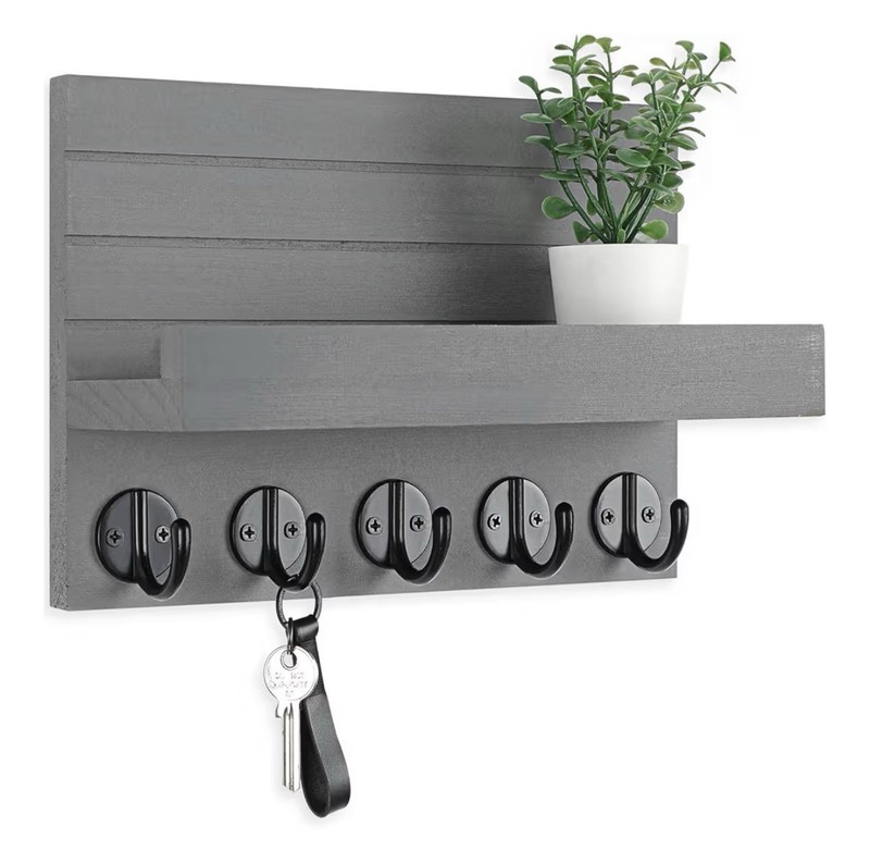 Gray Rustic Wall Mounted Key & Mail Rack Combo, Shelf, Hooks, 9.8″ x 6.7″