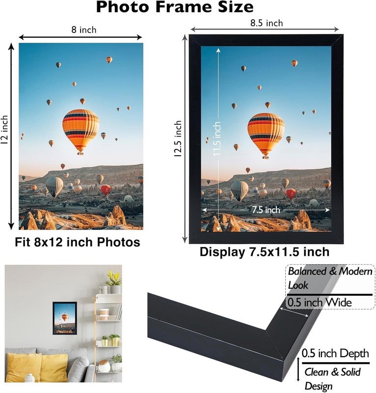 8x12 Picture Frame Black for Wall Hanging or Tabletop, Wall Mounting Ho..1 pack gallery