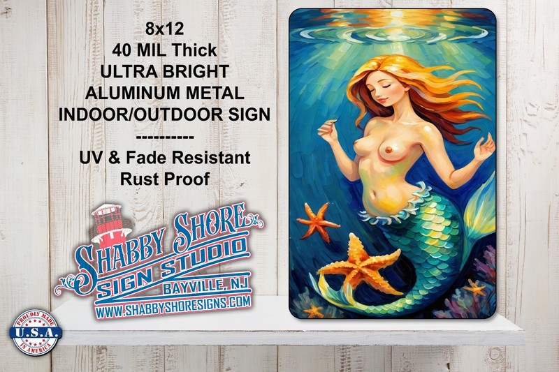 Colorful Oil Painting Nude Mermaid Metal Indoor/Outdoor Sign 8×12