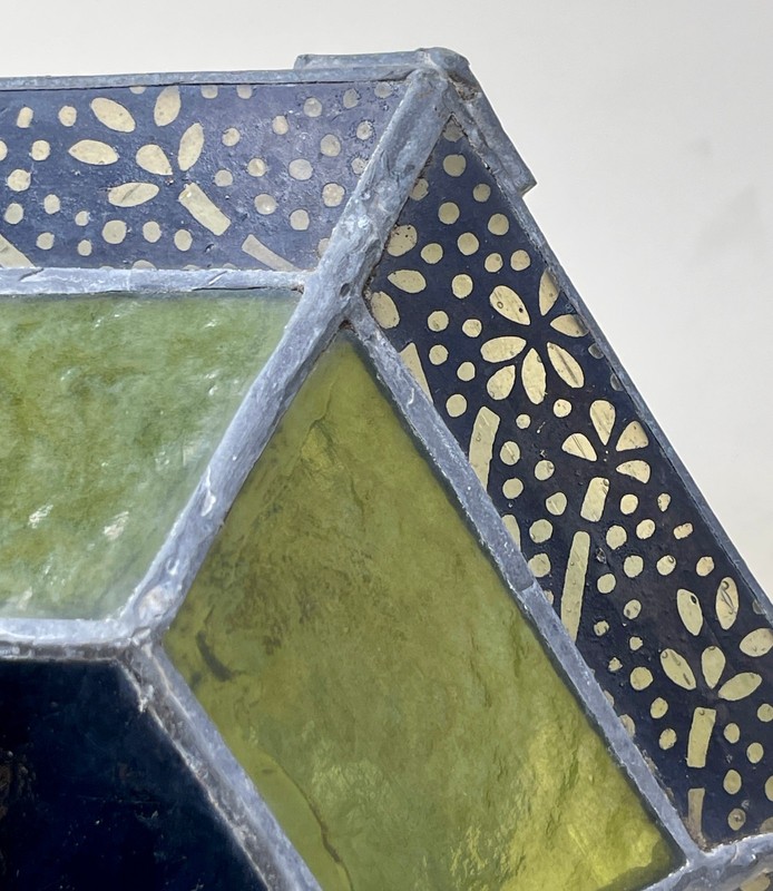 Moroccan Style Hanging Lantern Candle Holder Green Glass Soldered Metal Hexagon gallery