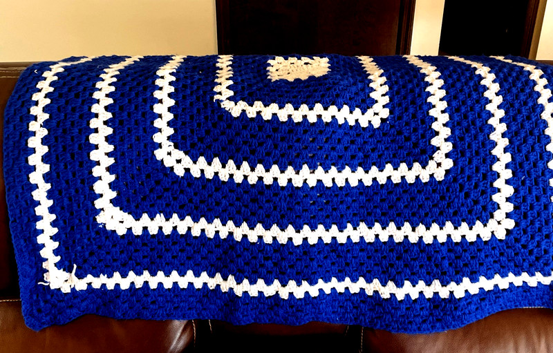 Handmade Afghan Blanket Crochet Blue White 48" X 44" New