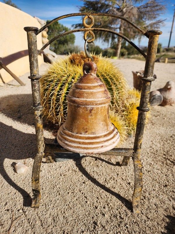 Large Rustic Clay Hanging Bell w Wrought Iron Stand Clapper Mission Southwestern