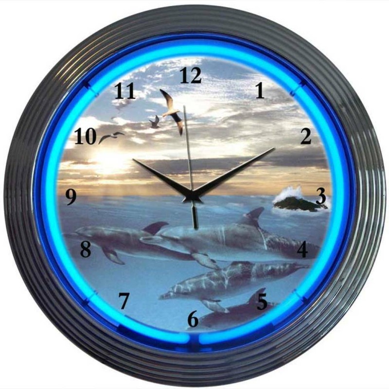 Dolphins Ocean Swim Blue Neon Wall Clock 15″ Diameter 8DOLPH Neonetics
