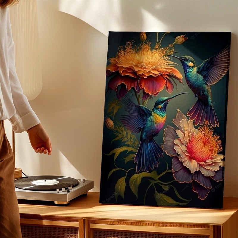 Wall Art Colorful Hummingbird Birds Floral Painting Print Dark Botanical Decor gallery