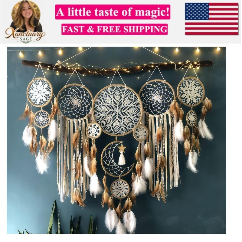 Set of 5 Boho, Hanging Large Boho Dream Catcher Macrame Wall Hanging Moon Dre…