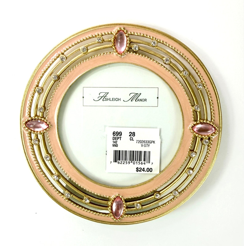 Ashleigh Manor Picture Frames Round Pink Enamel Rhinestones Gold Tone Metal VTG gallery