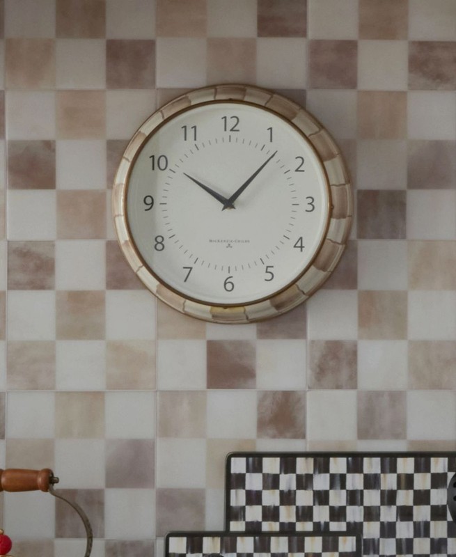 Mackenzie-Childs Mocha Check School Wall Clock Brand New Beautiful