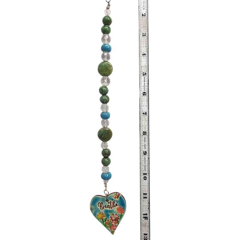 Artisan Upcycled Beaded Suncatcher Hand Painted Ceramic Heart Breathe Floral NEW gallery