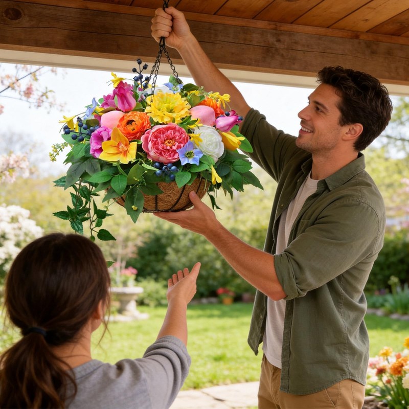 Artificial Hanging Flowers Basket for Outdoor Faux Plants Garden-Style Mixed gallery